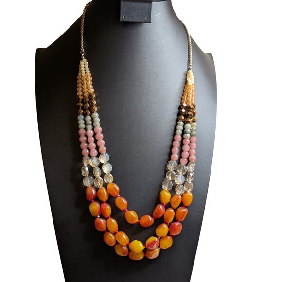 Two Coordinating Loft Beaded Orange Pink Yellow Gold Tone Beaded Long Necklaces - Picture 2 of 12